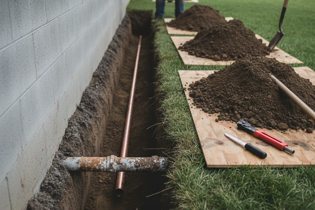 Excavated water line trench during Sewer Line Repair in Marseilles